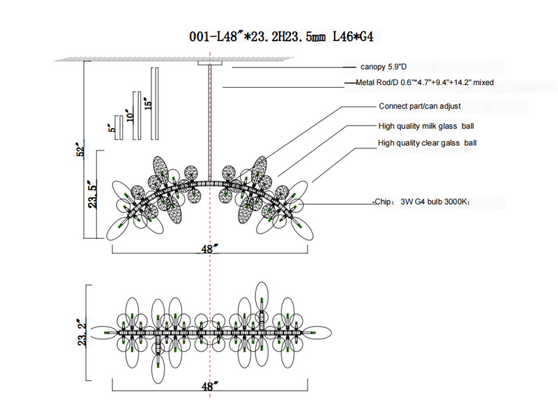 Escamoles Artistic Linear Grape Chandelier - Customized