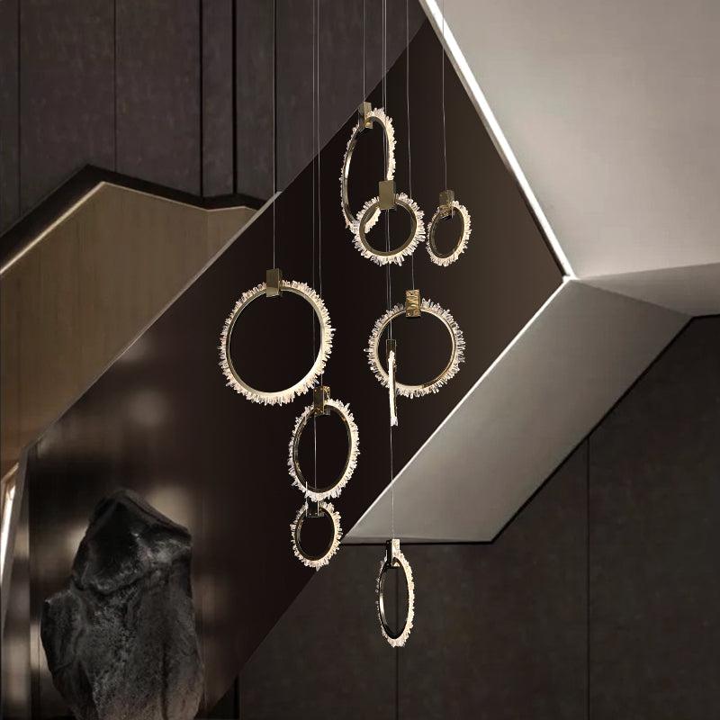 Primary Crystal Cluster 12 Rings Staircase Chandelier