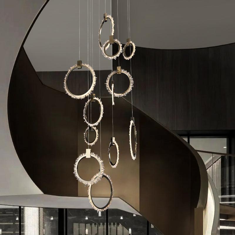 Primary Crystal Cluster 12 Rings Staircase Chandelier