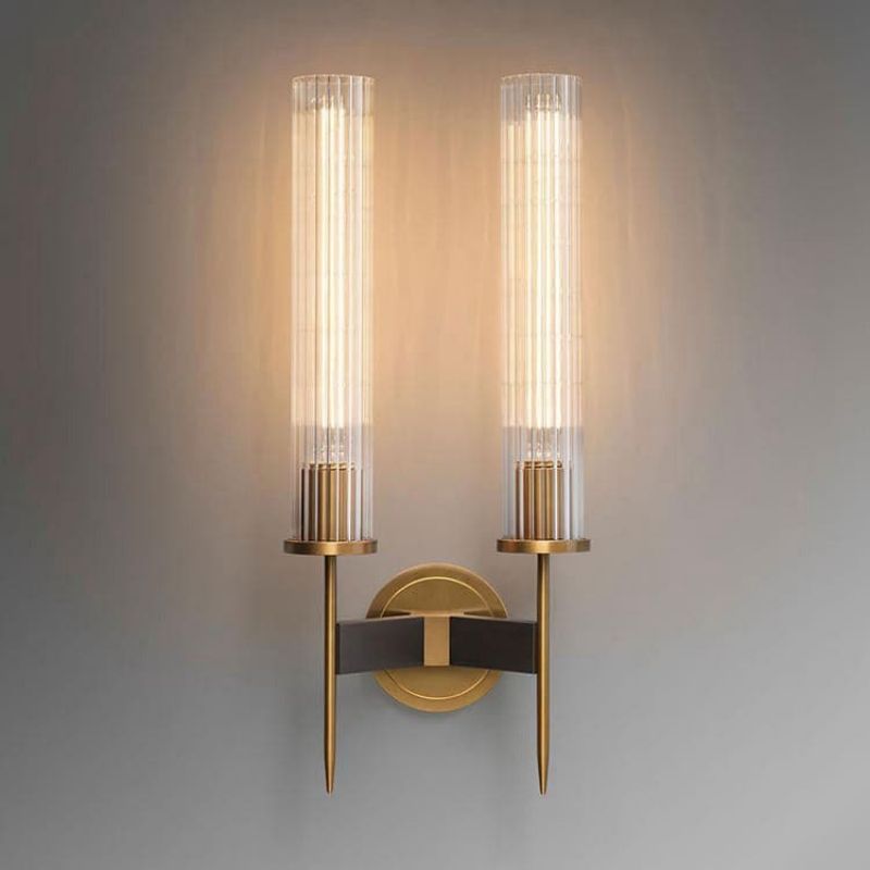 Double Head Industrial Wind K9 Crystal Shade Candlestick Wall Sconce, Brass