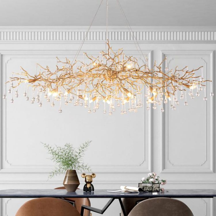 Lorna Clear Teardrop Oval Dining Branch Chandelier, Brass Branch Chandelier