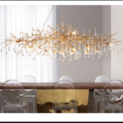 Lorna Clear Teardrop Oval Dining Branch Chandelier, Brass Branch Chandelier