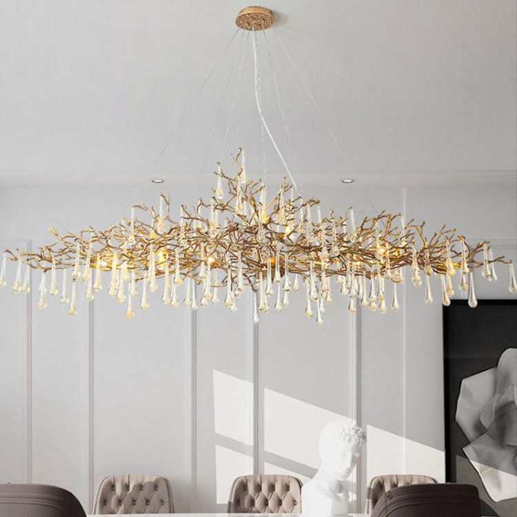 Lorna Clear Teardrop Oval Dining Branch Chandelier, Brass Branch Chandelier