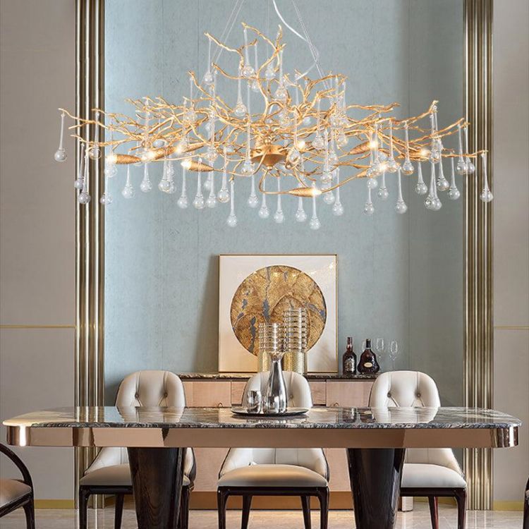 Lorna Clear Teardrop Oval Dining Branch Chandelier, Brass Branch Chandelier