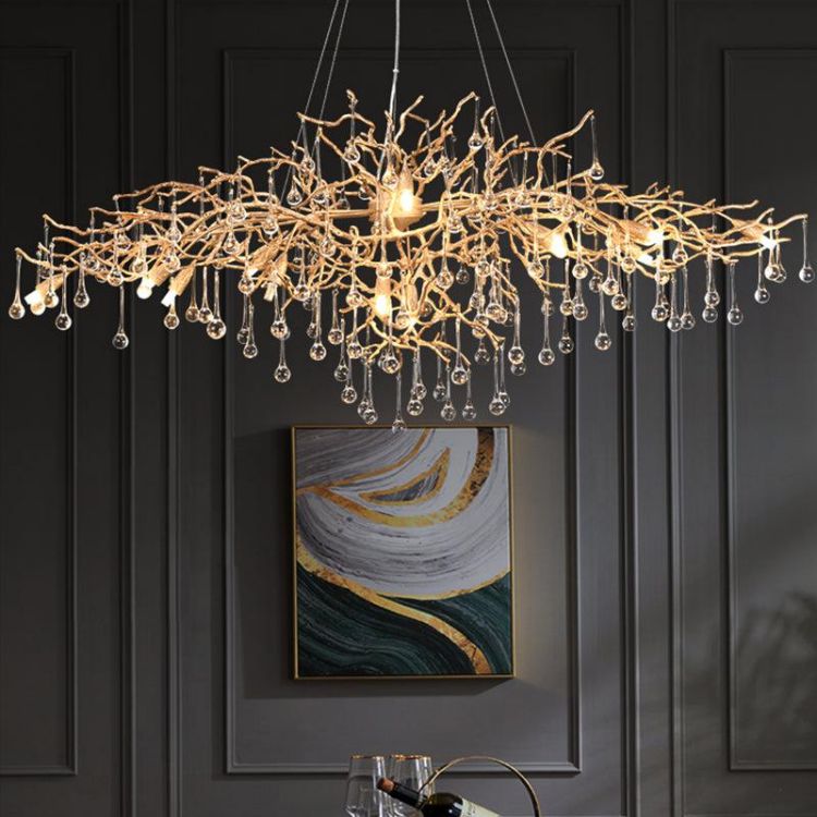 Lorna Clear Teardrop Oval Dining Branch Chandelier, Brass Branch Chandelier